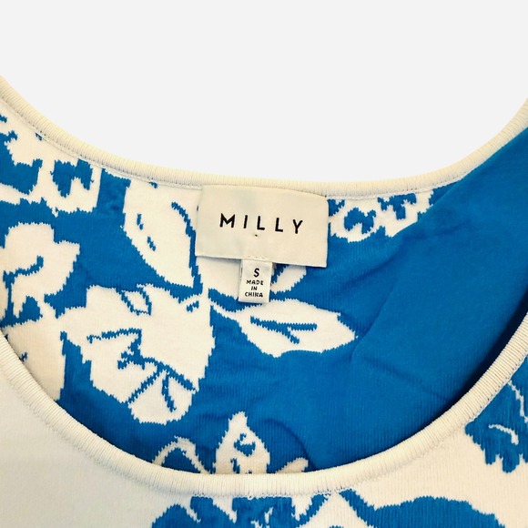 Milly Floral Jacquard Floral Fit Flare Dress Small Blue White Sleeveless Knit - Picture 2 of 15